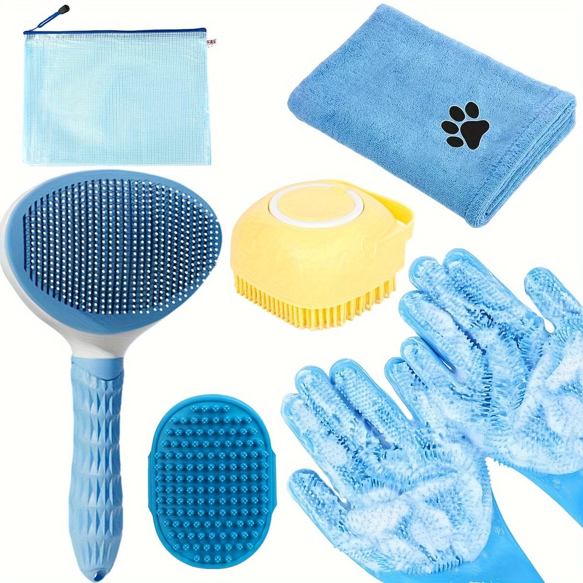 Dog Bath Brush Grooming Kit 6pcs with Gloves & Towel-0
