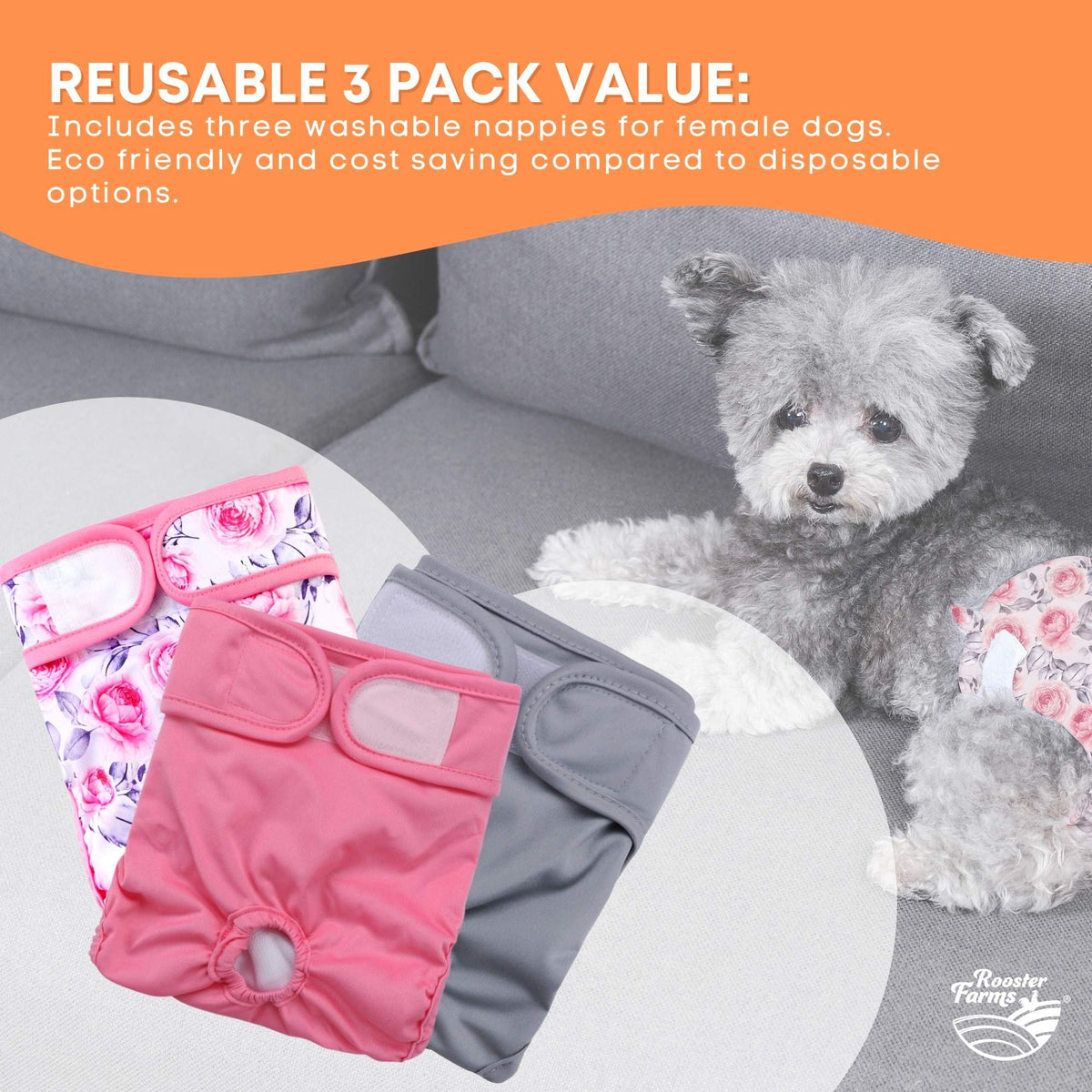 Rooster Farms Female Dog Diapers XSmall 3Pk - Washable Reusable Nappy Hook/Loop