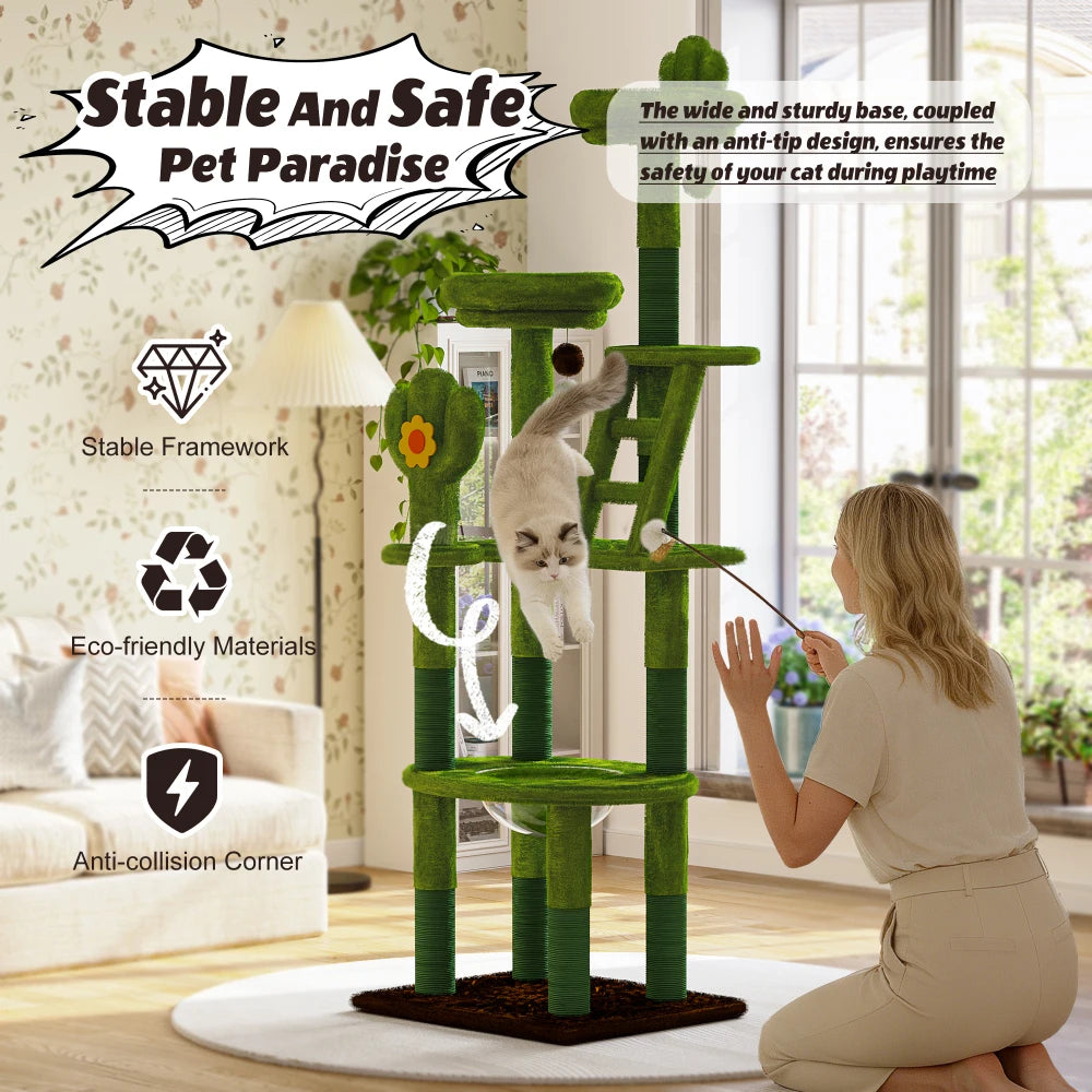 72in Cactus Cat Tree Tall Cat Tower for Indoor Cats W/Transparent Capsule,Sisal Scratching Posts,Plush Perches and Interactive Toys,Multi-Level Cat Activity Center Furniture for Kittens and Large Cats