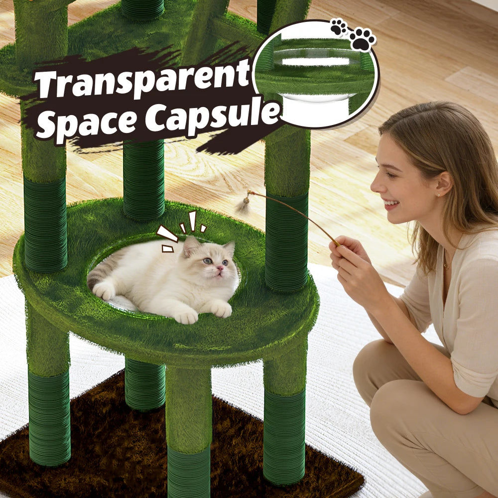 72in Cactus Cat Tree Tall Cat Tower for Indoor Cats W/Transparent Capsule,Sisal Scratching Posts,Plush Perches and Interactive Toys,Multi-Level Cat Activity Center Furniture for Kittens and Large Cats