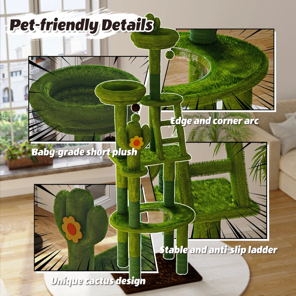 72in Cactus Cat Tree Tall Cat Tower for Indoor Cats W/Transparent Capsule,Sisal Scratching Posts,Plush Perches and Interactive Toys,Multi-Level Cat Activity Center Furniture for Kittens and Large Cats
