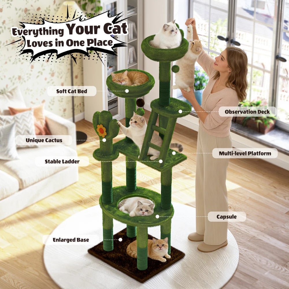 72in Cactus Cat Tree Tall Cat Tower for Indoor Cats W/Transparent Capsule,Sisal Scratching Posts,Plush Perches and Interactive Toys,Multi-Level Cat Activity Center Furniture for Kittens and Large Cats